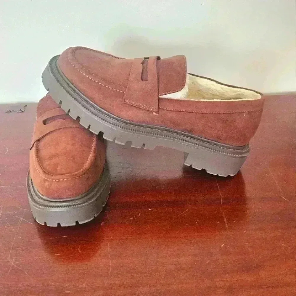 American Eagle AE Chunky Lug Loafer Women Brown Faux Suede Fur